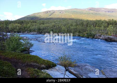 Overview of Kungsleden river in the arctic tundra. Abisko national park, Nothern Sweden Stock Photo