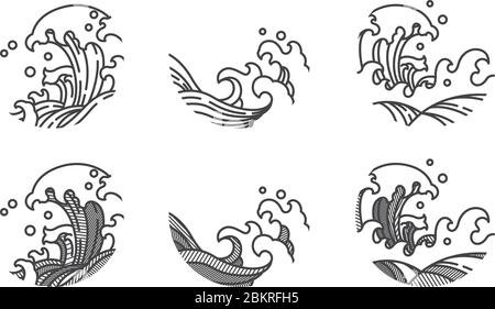 Japan wave line in round shape vector set collection. Traditonal vintage style. Stock Vector