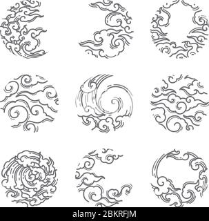 oriental cloud in an eclipse shape. Traditional line style collection. Stock Vector
