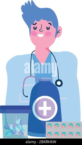 thanks you doctors, physician with medication bottle packaging pills vector illustration Stock Vector