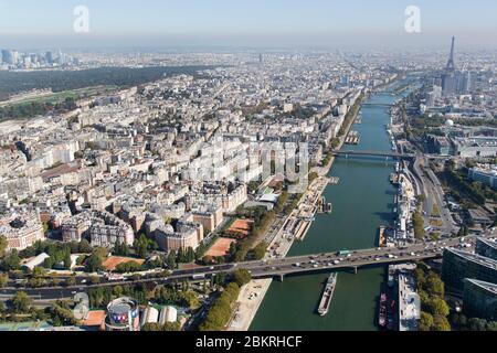 France, Paris, 16th and 15th arrondissement and the Seine, the Eiffel Tower, the Boulevard Peripherique (aerial view) Stock Photo