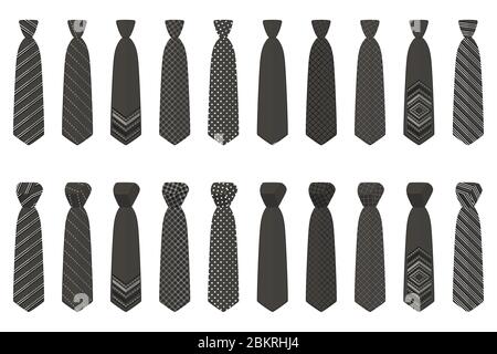 Illustration on theme big set ties different types, neckties various size. Tie pattern consisting of collection textile garments necktie for celebrati Stock Vector