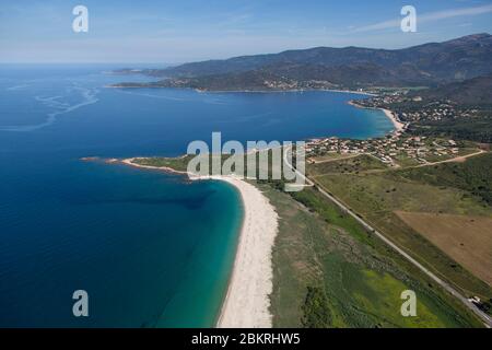 France. Corse du Sud, Sagone gulf, Coggia municipality, Liamone beach, Pointe de San Giuseppe beach (aerial view) Stock Photo