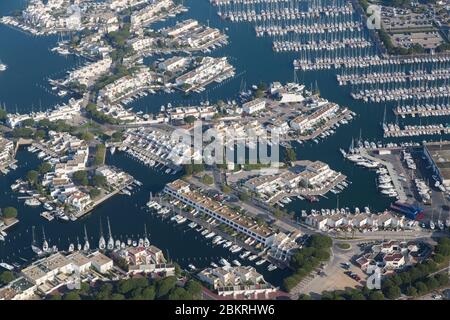 France, Gard, Camargue, Le Grau du Roi, Port Camargue, the largest marina in Europe (aerial view) Stock Photo