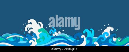 Sea wave paper cut seamless wallpaper. Isolated on blue background. Designed in papercraft style.- Vector illustration. Stock Vector