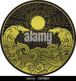 Sunshine with the water wave. Oriental decorative design element. Moon eclipse and ocean wave. Golden color on black background. Stock Vector