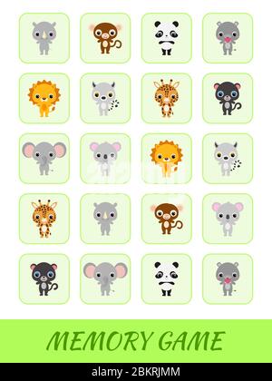 Clipart cards game template find two same pictures. Memory game for kids. Education developing worksheet. Logical thinking training. Stock Vector