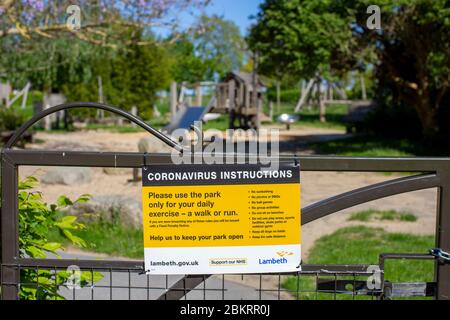 Brockwell Park, UK. 5th May, 2020. A children’s play area is closed to help stop the spread of Coronavirus in Brockwell Park, South London, during the Coronavirus Lockdown. Brockwell Park is a 50.8 hectare park located south of Brixton, adjacent to Herne Hill and Tulse Hill in south London, England. (Credit: Sam Mellish/Alamy Live News) Stock Photo