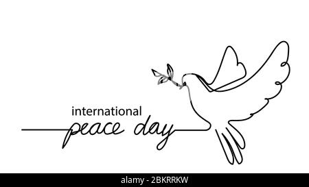 International peace day.Continuous line drawing. Lettering on white background. Peace dove sign. Olive branch. Vector holiday signature. Freedom sign Stock Vector