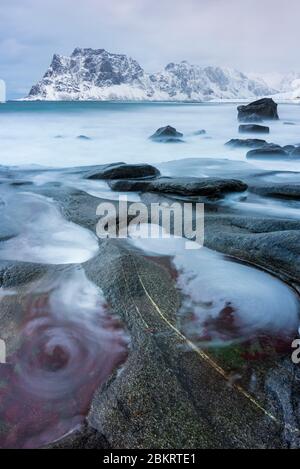 Norway, Nordland County, Lofoten Islands, Uttakleiv, Beach Stock Photo