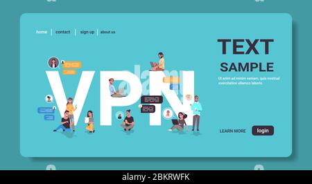 people using virtual private network vpn for communication cyber security and privacy concept secure online connection personal data protection horizontal full length vector illustration Stock Vector
