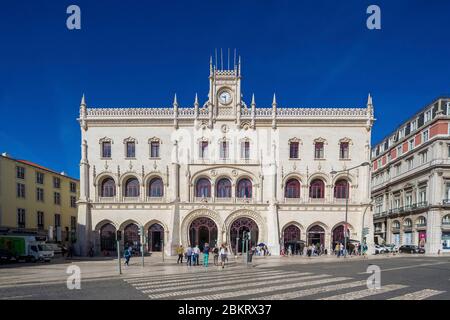 Portugal, Lisbon, Baixa, Rossio station built between 1888 and 1890 is a subtle blend of art deco and traditional Portuguese architecture (Manuelian style) Stock Photo