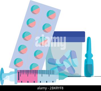 thanks you doctors, medicine prescription pharmacy pills syringe and ampoules vector illustration Stock Vector