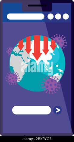 earth planet of covid19 in smartphone with statistics arrow Stock Vector