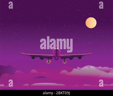 The plane flies above the clouds against the background of the moon. Night. Back view. Stock Vector