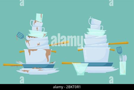 Dishes mountain clean, dirty . Pile dirty, unhygienic dishes with leftover food and cleanly washed. Stock Vector