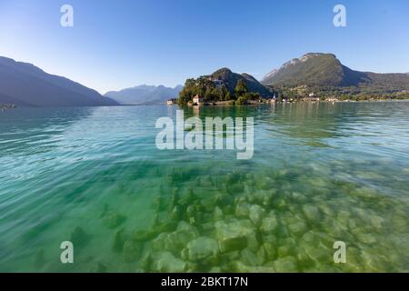 France, Haute Savoie, Annecy, Lake Annecy, palafitic site and Duingt castle Stock Photo