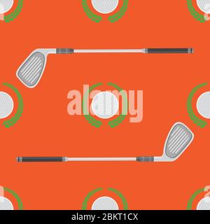 Golf Ball with Stick Icon and Laurel Seamless Pattern on Red Background Stock Vector