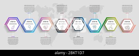 Vector business infographics. Timeline modern with 8 hexagons. Modern design for flowchart, timeline, web, graph, presentation Stock Vector
