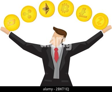 Illustration of businessman playing around with the different type of cryptocurrencies. Business concept of virtual money investing. Stock Vector