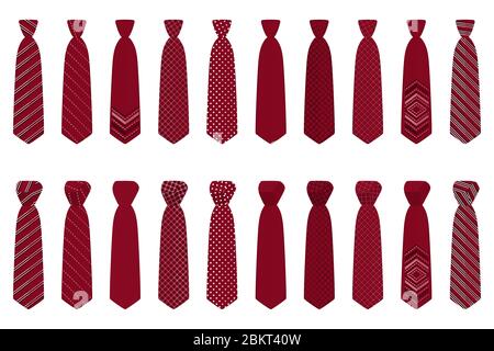 Illustration on theme big set ties different types, neckties various size. Tie pattern consisting of collection textile garments necktie for celebrati Stock Vector