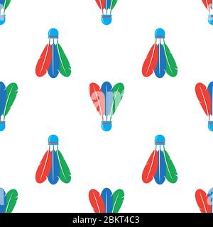 Shuttlecock Icon with Colorful Feathers Seamless Pattern Isolated on White Background Stock Vector
