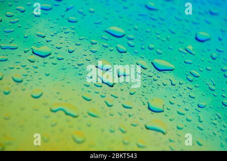 Water drops on the chameleon holographic surface. Beautiful colorful background with shallow depth of field. Blue and yellow gradient. Closeup. Stock Photo
