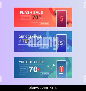 Dynamic modern fluid mobile for Voucher Sale template. Get Coupon Discount Sale banner template design. Free gift card set. Fancy colors and cool illu Stock Vector