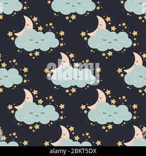 Seamless pattern with moon, stars, cloud on a dark background. Vector print for baby room, greeting card, kids and baby t-shirts and clothes, women we Stock Vector