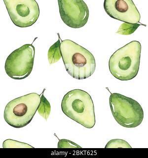 Seamless pattern of avocados and leaves. Watercolor elements isolated on white Stock Photo