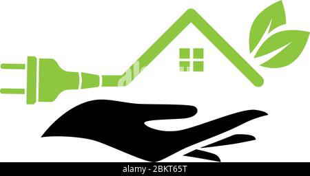human hand holding house shaped electrical plug with two tree leaves Stock Vector