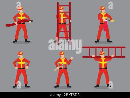 Set of six vector illustration of fireman character in red uniform and protective helmet with equipment isolated on grey background. Stock Vector