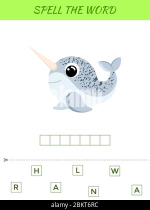 Spelling word scramble game template. Educational activity for preschool years kids and toddlers with cute narwhal. Flat vector stock illustration. Stock Vector