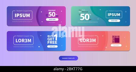 Dynamic modern fluid mobile for Voucher Sale template. Get Coupon Discount Sale banner template design. Free gift card set. Fancy colors and cool illu Stock Vector