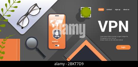 workplace desk top angle view smartphone with virtual private network cyber security and privacy concept secure vpn connection personal data protection shield horizontal copy space vector illustration Stock Vector