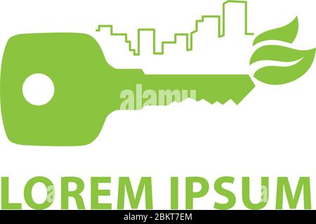 green key, city skyline and leaves Stock Vector