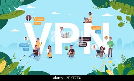 people using virtual private network vpn for communication cyber security and privacy concept secure online connection personal data protection horizontal full length vector illustration Stock Vector