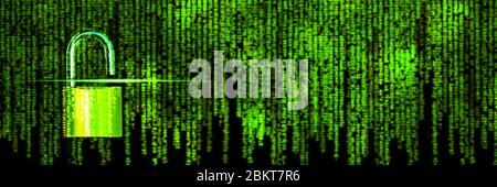open padlock as symbol for unsafe interface on green binary code matrix background Stock Photo
