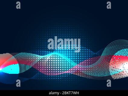 Abstract blue wave line with halftone on dark background. Technology concept. Vector illustration Stock Vector