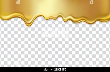 Golden flowing liquid, isolated on transparent background. Gold honey, syrup, oil, paint or metal dripping, 3D realistic vector illustration Stock Vector
