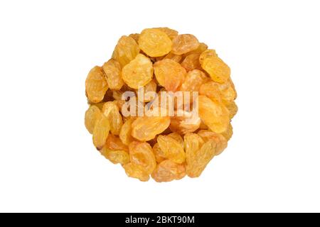 Yellow dry raisins isolated on white background. Top view. Stock Photo