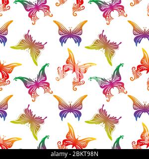Seamless Pattern, Colorful Butterflies Pictograms Isolated on Tile White Background. Vector Stock Vector