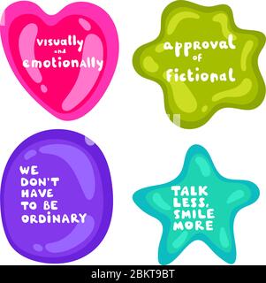 Set of stickers on different shapes. Collection of vector multicolored glossy stickers on white background. Teens millenials culture. Cool expression Stock Vector