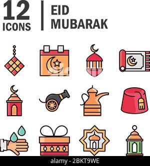eid mubarak islamic religious celebration traditional icons set vector illustration flat style icon Stock Vector