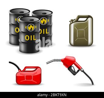 Oil and gas related items design set. Fuel industry vector illustration collection in realistic style. Power and energy Stock Vector
