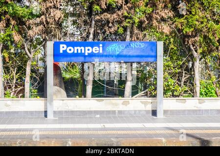 Italy Pompei 22nd February 2016 Sign on the one of the platforms of Pompeii Scavi station Stock Photo