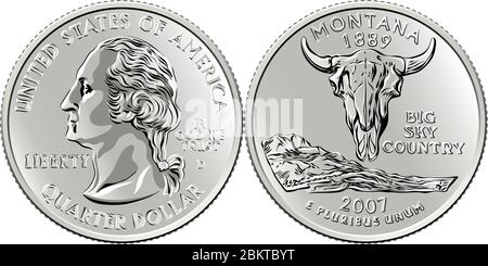 American money, USA Washington quarter dollar or 25-cent silver coin, first US president George Washington on obverse, American bison skull on reverse Stock Vector