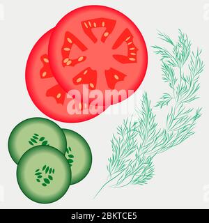 Summer vegetable set of tomatoes, cucumbers and herbs. Healthy diet. Vector illustration. For decorating kitchen accessories, tableware, textiles Stock Vector