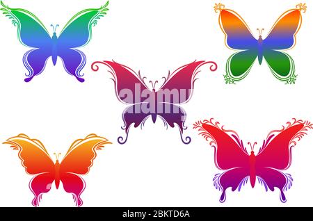 Set Symbolical Butterflies, Colorful Silhouettes Isolated on White Background. Vector Stock Vector
