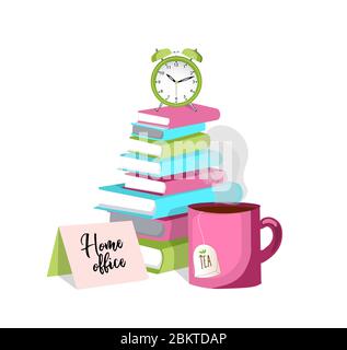 Work from home. Cup of tea, alarm clock, clock, books. Concept Home office.and REMOTE WORK. Vector illustration on a white background Stock Vector